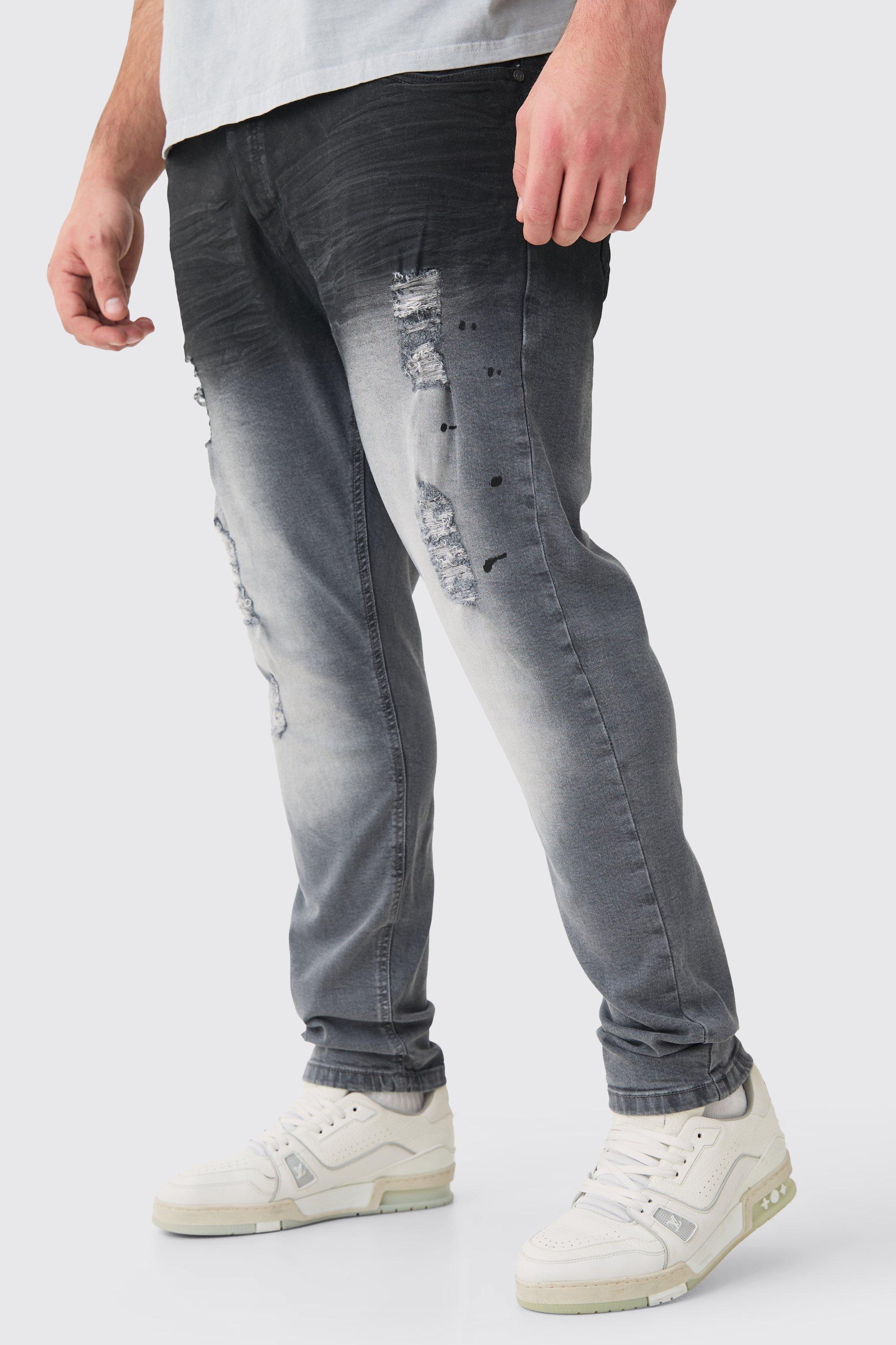 Mens Plus Dark Grey Stretch Skinny Paint Effect Jean, Grey